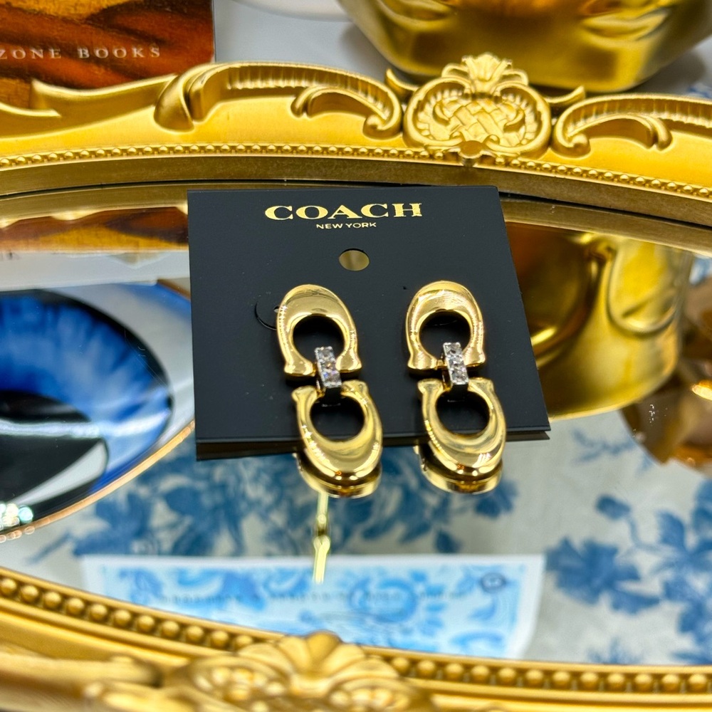 🆕 COACH 🧿 NWT Double Logo Two-Toned Chunky Bejewelled Link Earring - Picture 2 of 15